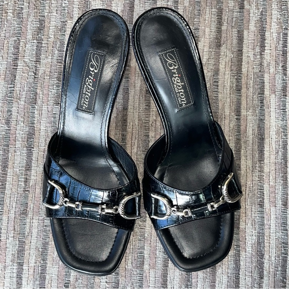 Brighton Black Leather Heeled Sandals Mules Size 7 Italy - Picture 3 of 6
